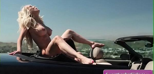  Sexy big tit lesbian babes Aidra Fox, Brandi Love finger and lick pussy outdoor in their convertible car